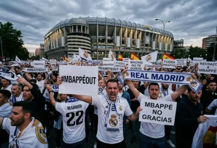 Manifestants devant le stade, porteurs de pancartes et écharpes Real Madrid, criant et brandissant des banderoles #MBAPPÉOUT et "REAL MADRID".