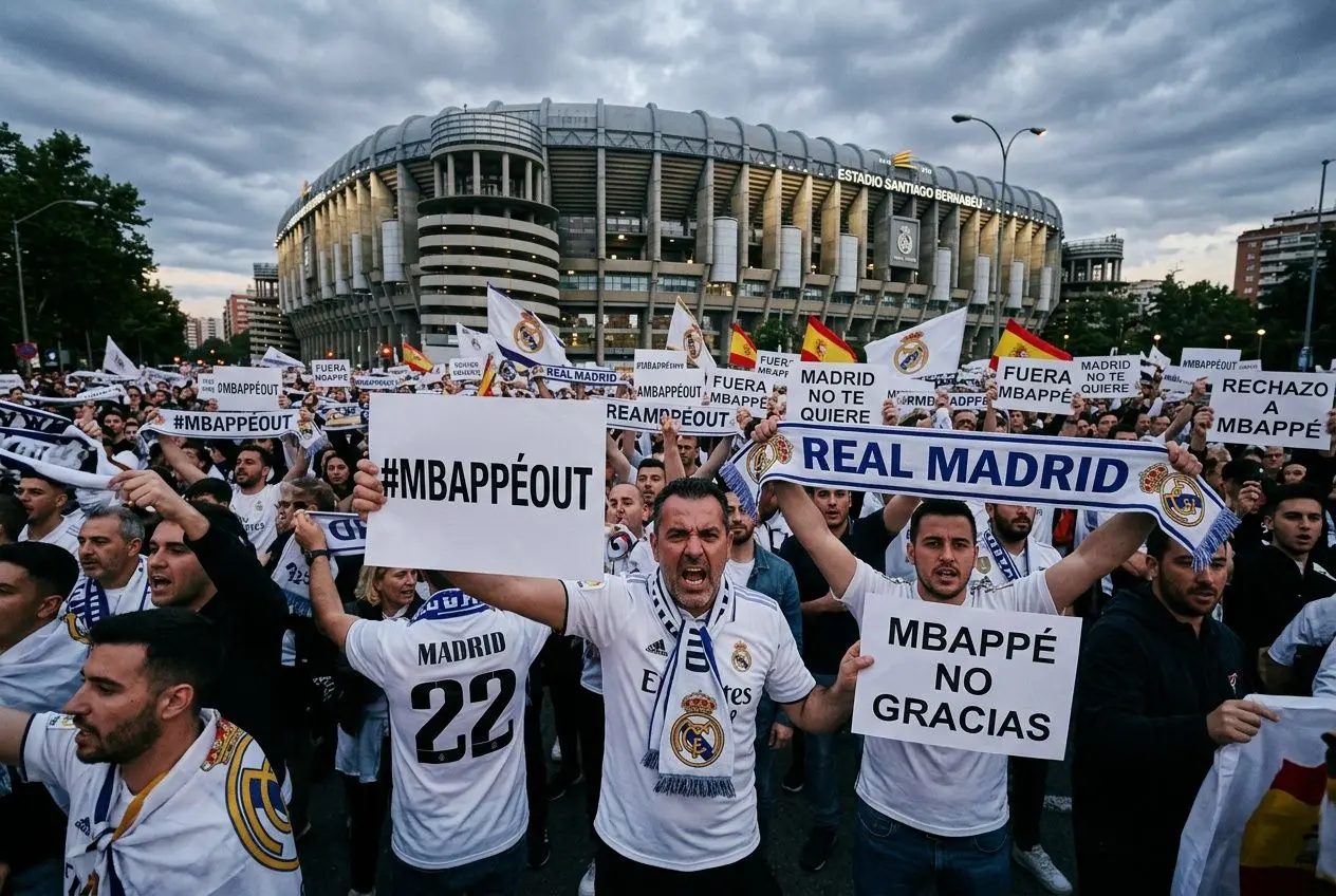 Manifestants devant le stade, porteurs de pancartes et écharpes Real Madrid, criant et brandissant des banderoles #MBAPPÉOUT et "REAL MADRID".