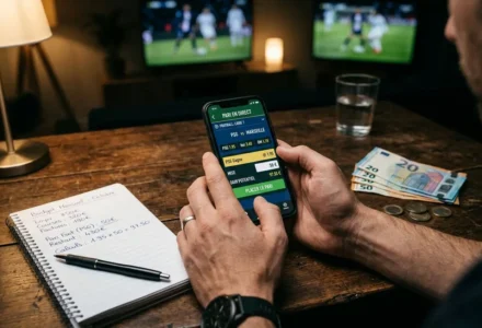 Personne tenant un smartphone affichant des paris sportifs en direct, carnet et billets à côté, planifiant pour éviter les erreurs paris sportifs.
