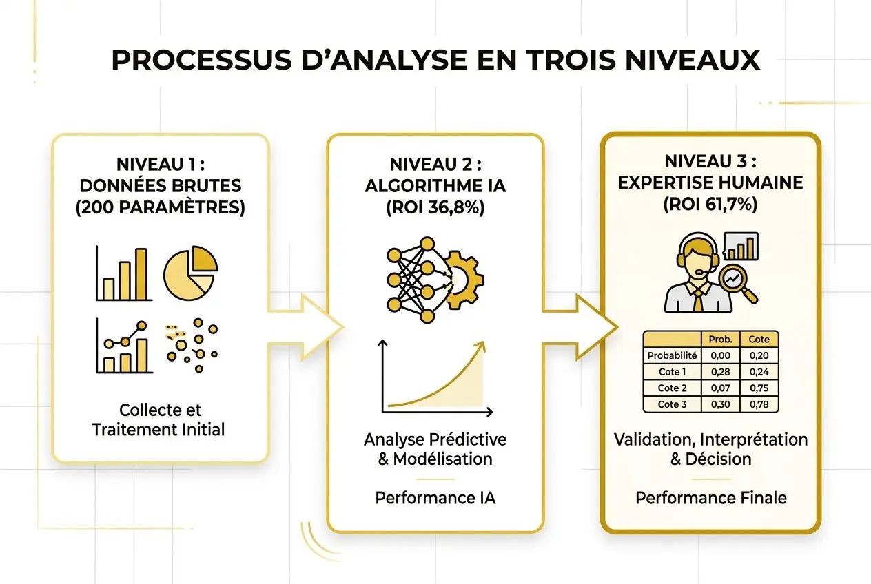 Processus d’analyse en trois niveaux avec données brutes, IA prédictive et expertise humaine pour les pronostic roland garros 2026.