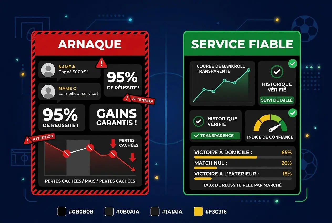 Pronostic score exact 100 fiable aujourd hui : infographie montrant arnaque à gauche et service fiable à droite avec graphiques et indicateurs de réussite et transparence.