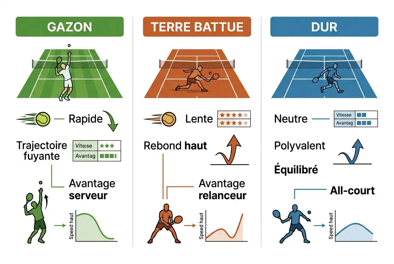 Pronostic Wimbledon 2026 : trois types de terrains et éventuels profils de jeu visibles, avec trajet rapide, rebond haut et équilibre des joueurs.