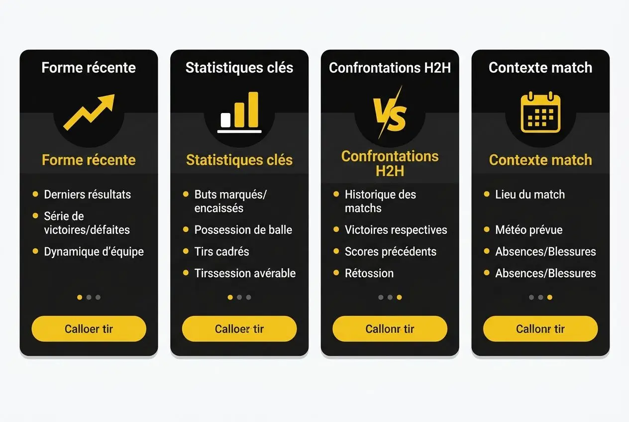 Quatre fiches d’aperçu sur les pronostics sportifs: forme récente, statistiques clés, confrontations H2H et contexte match, avec bouton jaune “Call er tir” sur fond noir. parquet enjoy.