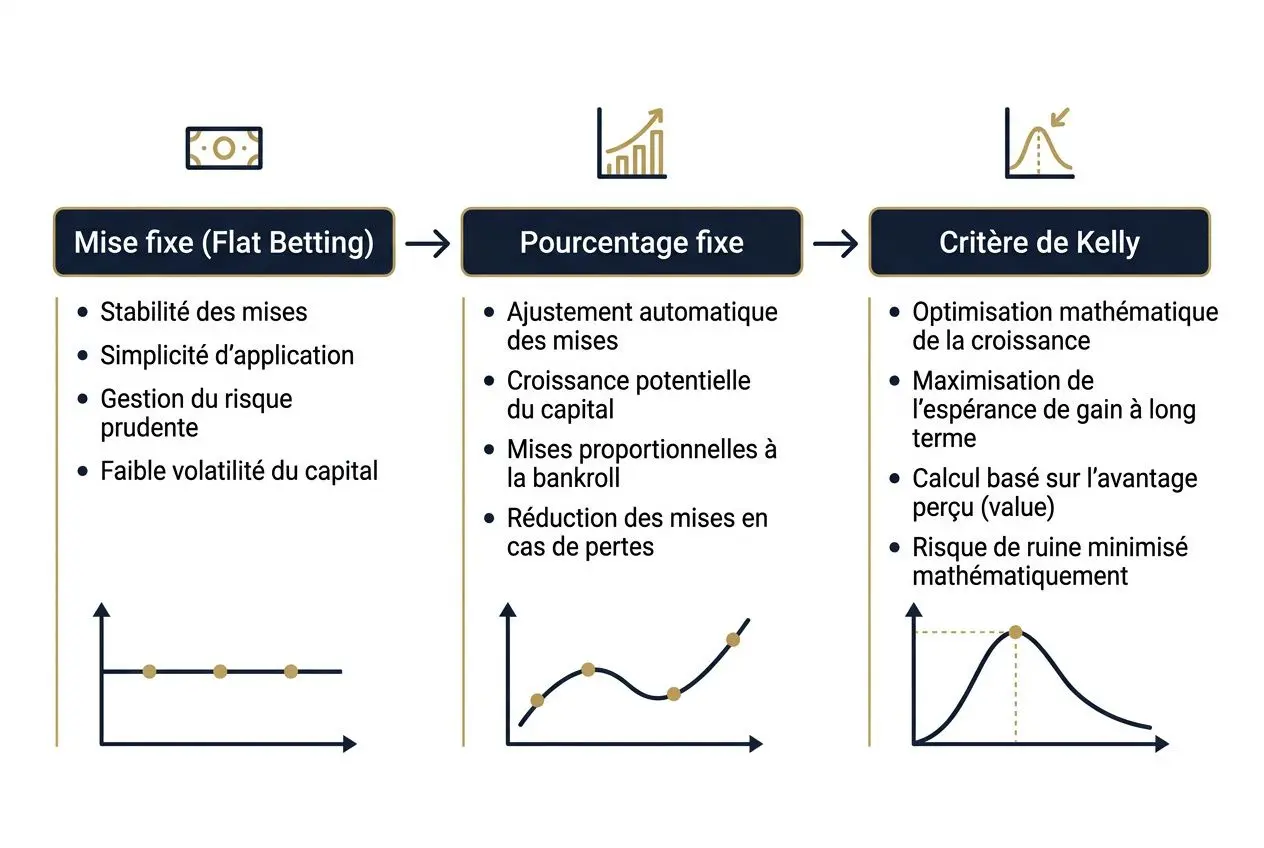 Schéma sur la gestion de bankroll paris sportif: fixation des mises, pourcentage fixe et critères de Kelly avec graphiques et points clés.