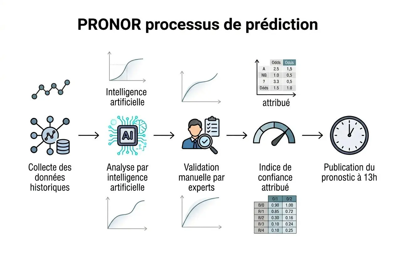 Schéma du processus de prédiction PRONOR: collecte de données historiques, IA d’analyse, validation par experts, attribution d’un indice de confiance et publication du pronostic à 13h. Site de pronostics fiable.