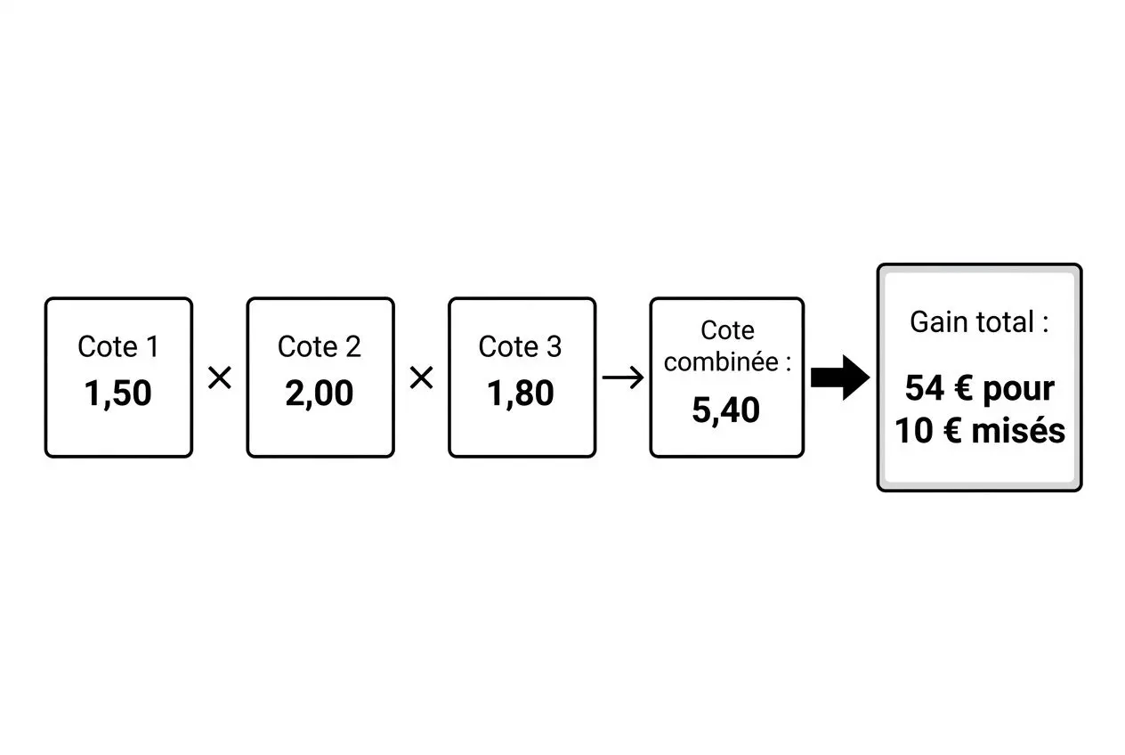 Schéma showing un calcul de pari combiné Winamax: cotes 1,50 × 2,00 × 1,80 = cote combinée 5,40, gain total 54 € pour 10 € misés. Donne utile pour comprendre comment fonctionnent les paris combinés winamax.