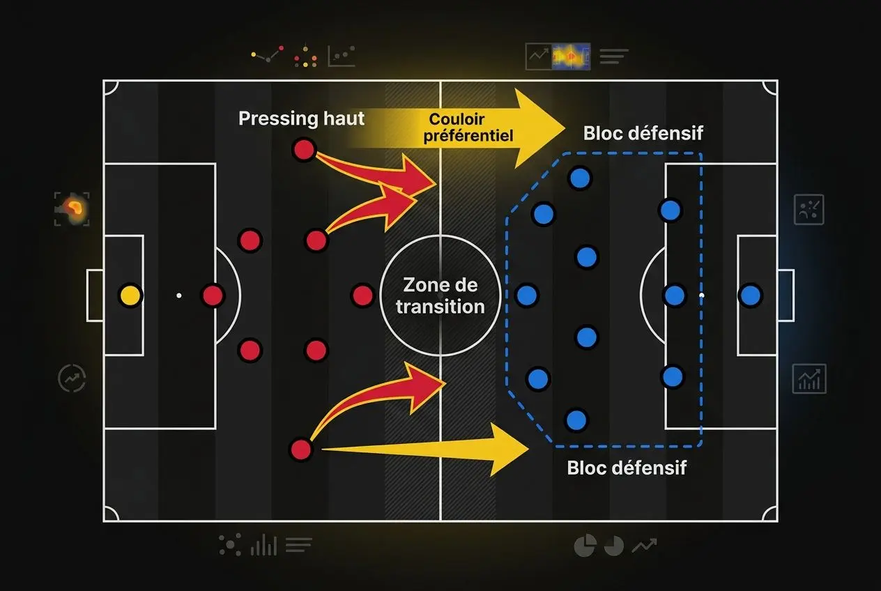 Schéma tactique de football montrant zones de transition, pressing haut et blocs défensifs avec flèches et joueurs rouges et bleus. intégrant le concept de comment analyser un match de foot.