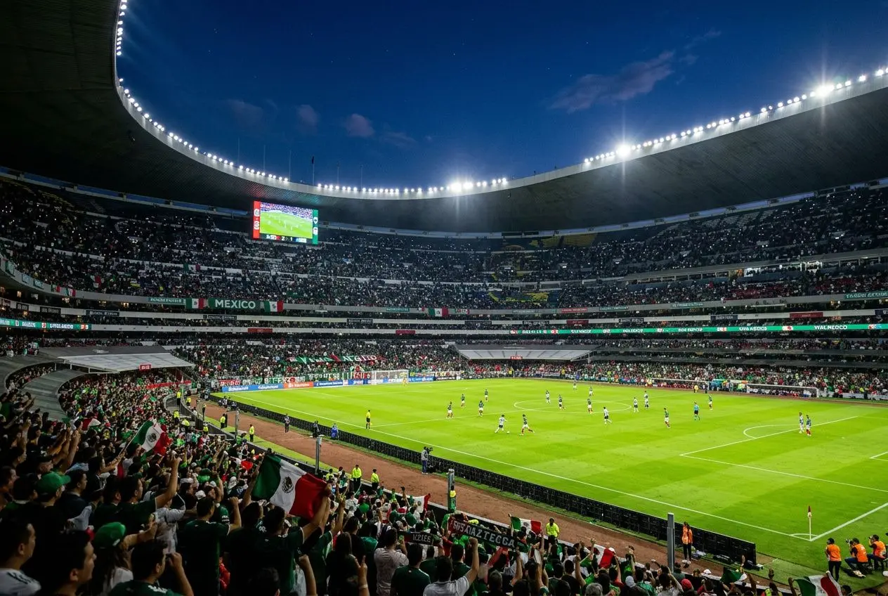 Stade bondé lors d’un match de football, tribunes éclairées, ambiance festive et drapeaux nationaux autour du terrain. Coupe du monde 2026 calendrier mentionnée dans le contexte.