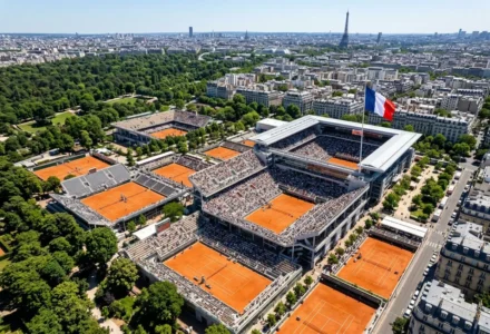 Stade Roland-Garros vu du ciel, courts en terre battue orange entourés de tribunes et drapeau tricolore survolant le complexe parisien. pronostic roland garros 2026 intégré naturellement.
