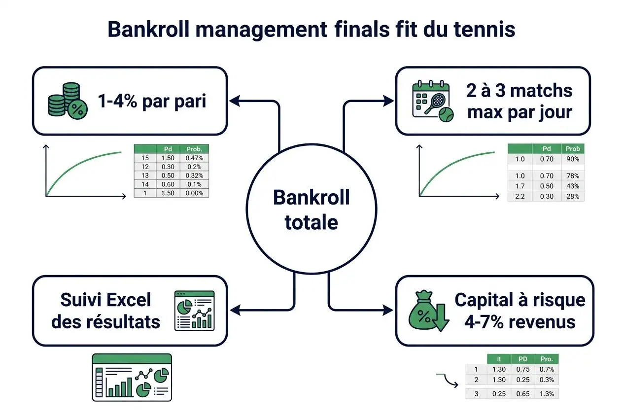 Stratégie pari tennis rentable présentée comme un schéma de gestion de Bankroll total avec quatre axes: 1-4% par pari, 2 à 3 matchs max par jour, Suivi Excel des résultats et Capital à risque 4-7% revenus. Complément visuel de graphiques et tableaux.