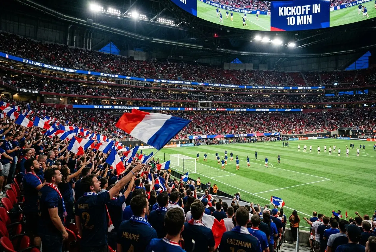 Supporters français dans un stade, drapeaux bleu-blanc-rouge agités lors d’un match de football, ambiance Coupe du Monde. calendrier équipe de france coupe du monde 2026