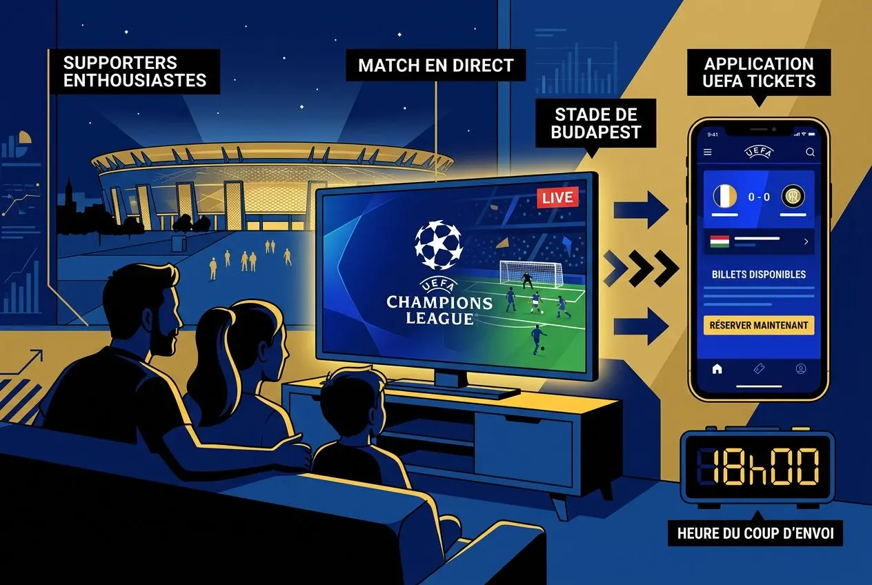 Supporters regardant la finale ligue des champions 2026 sur TV, avec application UEFA tickets et smartphone à Budapest.
