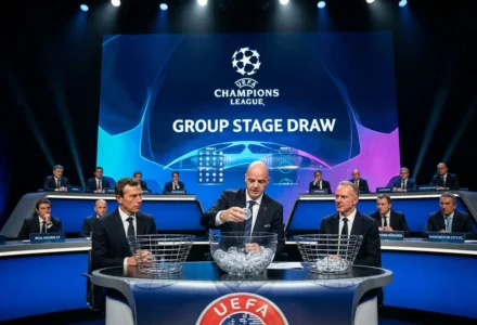 Table ronde de tirage du groupe pour la ligue des champions 2026, avec des officiels et l’écran “GROUP STAGE DRAW” en arrière-plan.