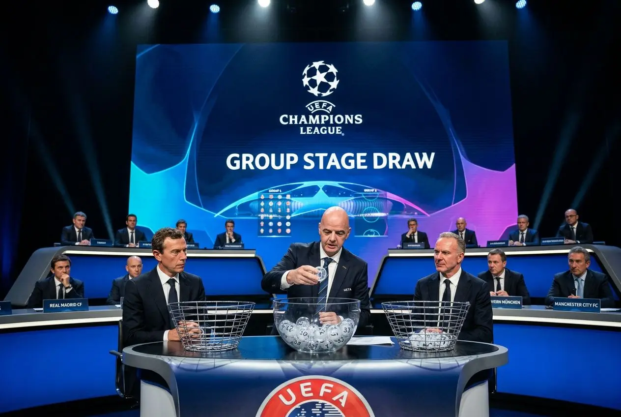 Table ronde de tirage du groupe pour la ligue des champions 2026, avec des officiels et l’écran GROUP STAGE DRAW en arrière-plan.