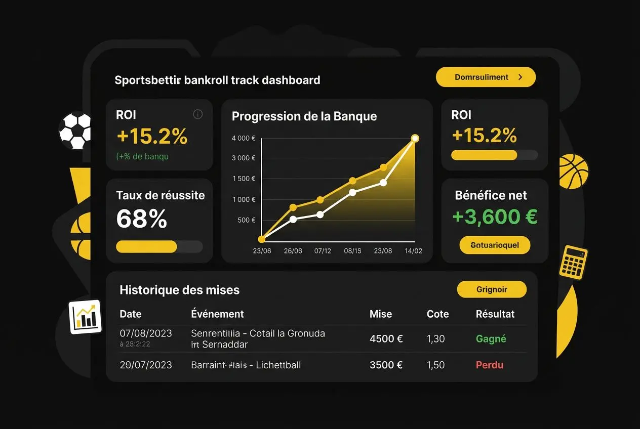 Tableau de bord sombre sur les paris sportifs: ROI +15,2%, progression de la banque, historique des mises et bénéfice net +3 600 €.