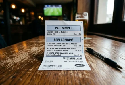 Ticket affichant les paris simple et combiné pour différents matchs de football, posé sur une table en bois avec stylo noir à droite. Différence entre paris simple et combiné évoquée par l’image.