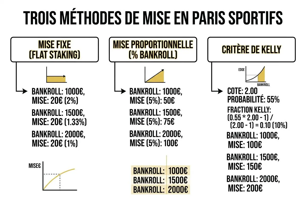 Trois méthodes de mise en paris sportifs montrant mise fixe, mise proportionnelle et critère de Kelly pour la gestion bankroll paris sportif.