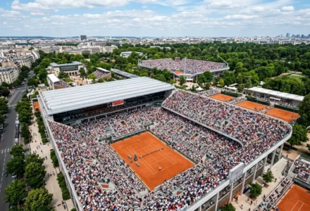 Vue aérienne du court central du Roland-Garros entouré de tribunes bonds et d’un parc verdoyant, avec des spectateurs. inclure le mot-clé: programme roland-garros dans une phrase fluide.