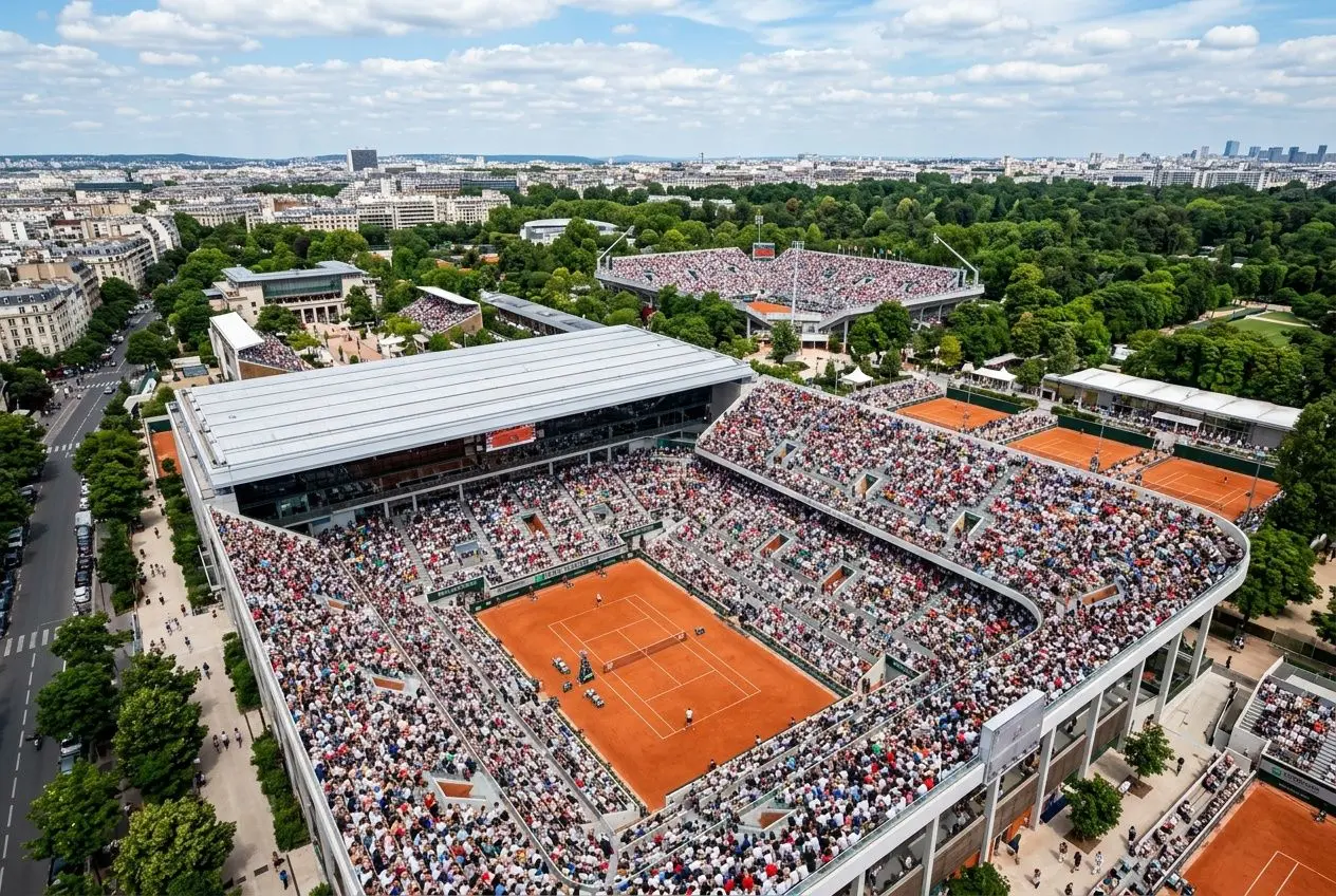 Vue aérienne du court central du Roland-Garros entouré de tribunes bonds et d’un parc verdoyant, avec des spectateurs. inclure le mot-clé: programme roland-garros dans une phrase fluide.
