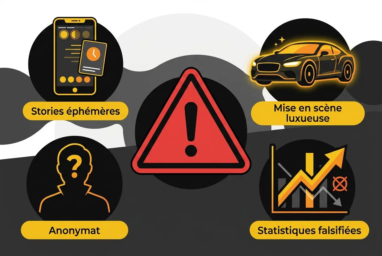 Alt: Illustration d’avertissement central avec icône rouge, entouré de quatre étiquettes “Stories éphémères”, “Mise en scène luxueuse”, “Anonymat” et “Statistiques falsifiées” sur fond graphique noir et gris. pronostiqueur connue.