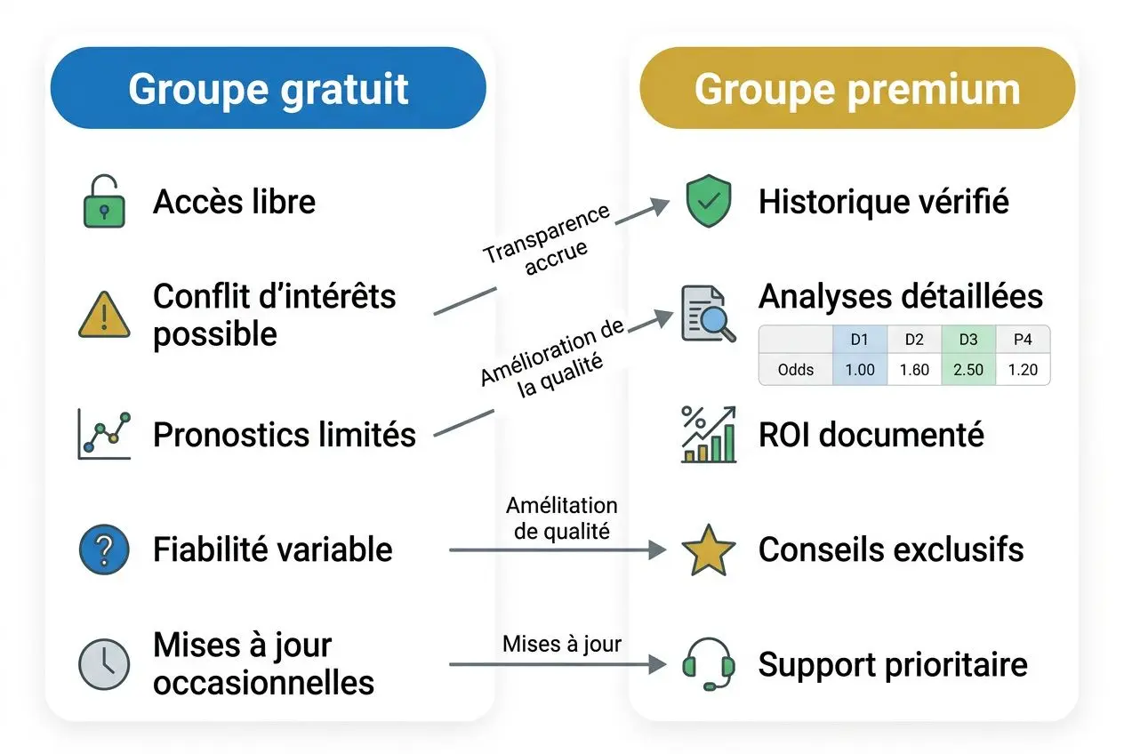 Alt text: Diagramme comparatif “Groupe gratuit” et “Groupe premium” montrant accès libre, risque de conflit d’intérêts, pronostics limités, fiabilité variable et mises à jour occasionnelles à gauche; historiques vérifiés, analyses détaillées, ROI documenté, conseils exclusifs et support prioritaire à droite. Intègre le mot-clé tipster fiable telegram.