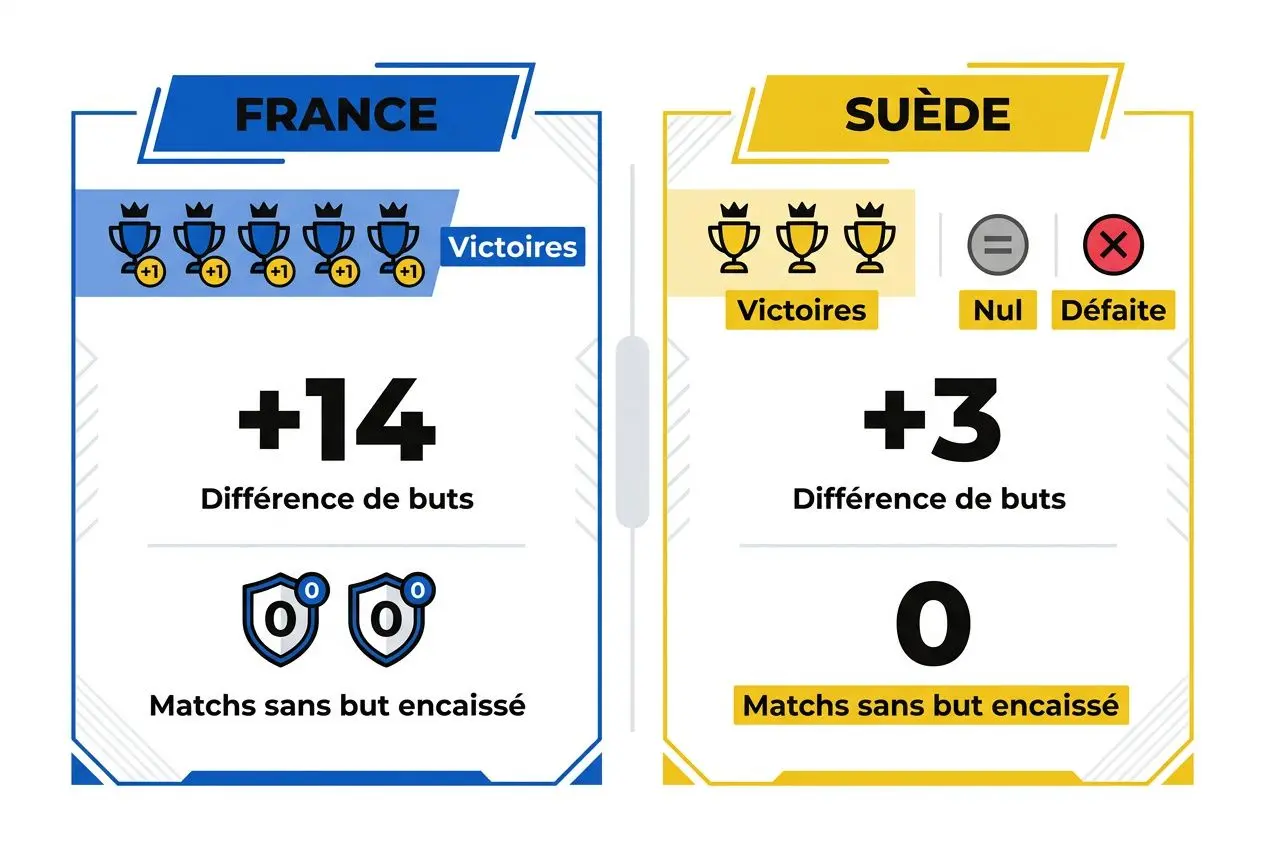Alt texte: Graphique de pronostic France vs Suède: France +14 en différence de buts affichant des victoires et zéro but encaissé, Suède +3 en différence de buts avec 0 buts encaissés et icônes de victoire nul défaite.