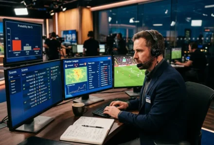 Analyste esportifs en salle de pronostics football avec plusieurs écrans affichant statistiques et graphiques.