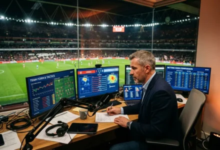 Analyste de football à la radio/pré-émission, en salle de presse, écrivant un pronostic du jour football devant plusieurs écrans affichant statistiques et données.