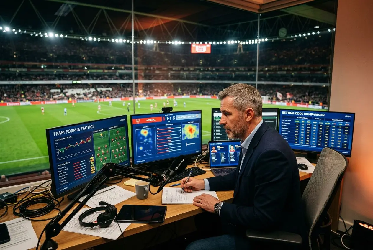 Analyste de football à la radio/pré-émission, en salle de presse, écrivant un pronostic du jour football devant plusieurs écrans affichant statistiques et données.