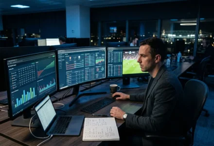 Analyste de paris sportifs devant plusieurs écrans affichant des graphiques et statistiques, en train de travailler dans une salle de contrôle.