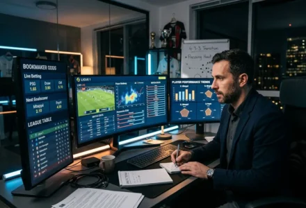 Analyste de pronostics football devant plusieurs écrans affichant des statistiques et graphs, travail minutieux sur son notebook. meilleur pronostiqueur foot au monde intégré.