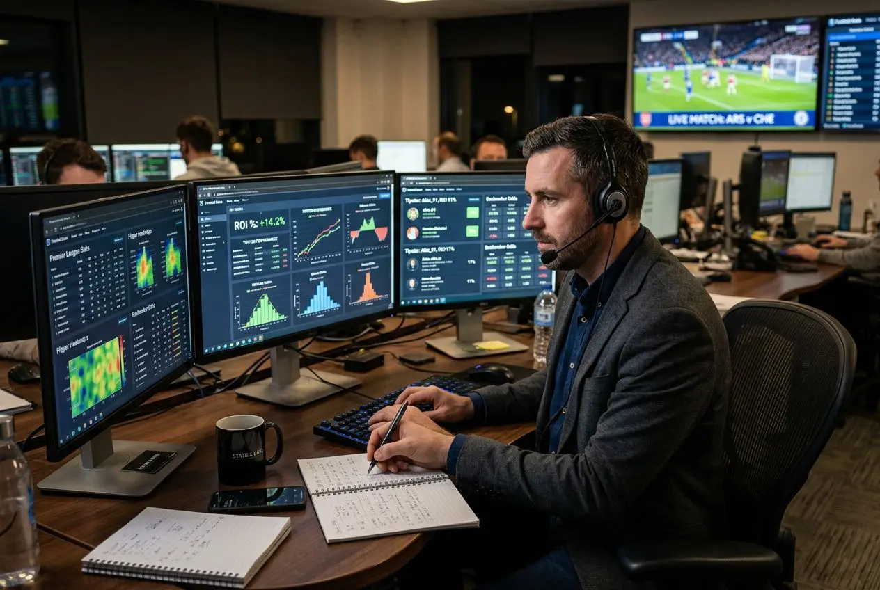 Analyste de pronostics sportifs au travail avec plusieurs écrans affichant des graphiques et données, casque et carnet. qui est le meilleur pronostiqueur du monde actuellement