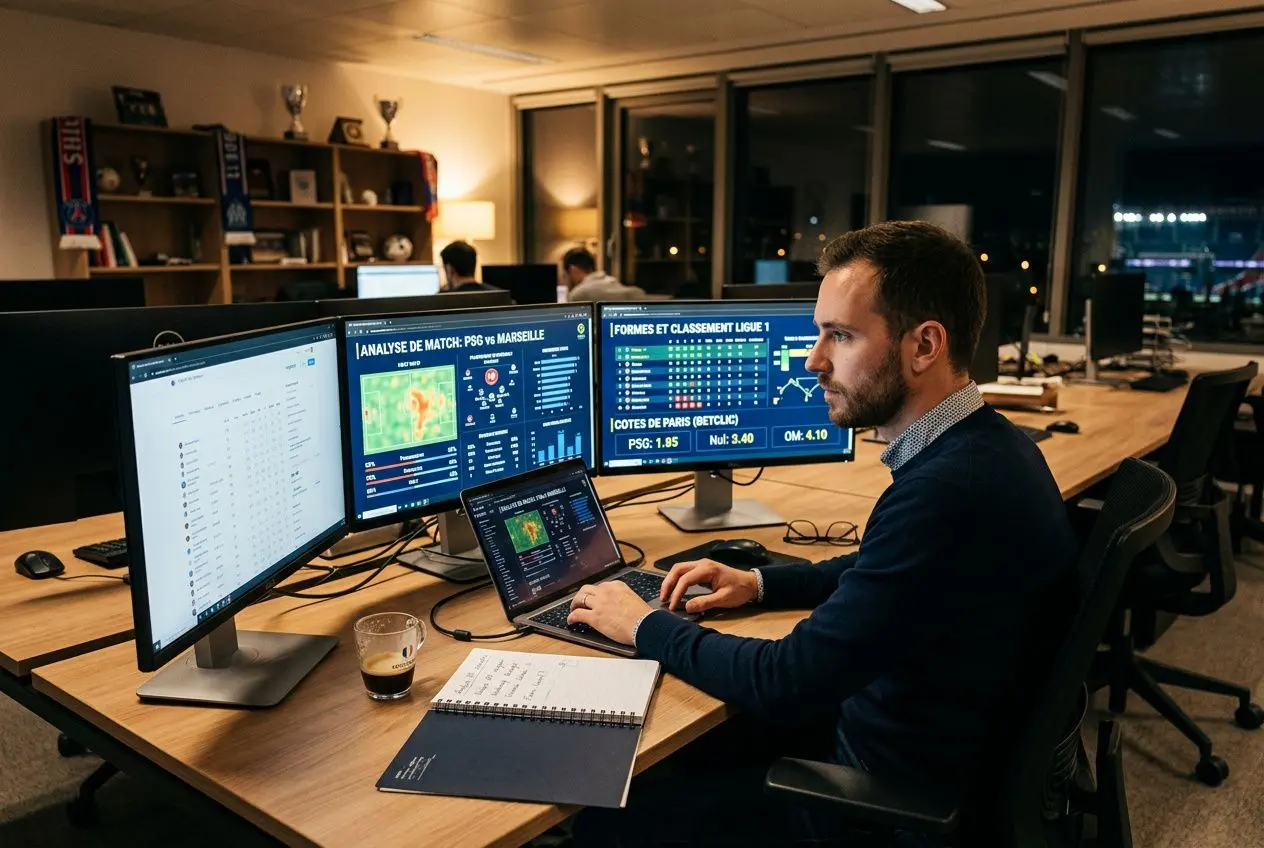 Analyste sportif au bureau, multiprises d’écrans affichant des analyses et pronostics football sur plusieurs moniteurs.
