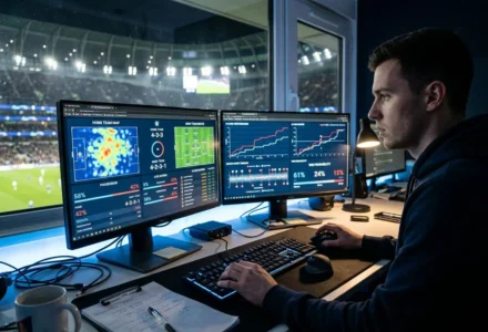 Analyste sportif devant plusieurs écrans affichant des graphiques et statistiques, chargement de données en direct pour pronostics sportifs, dans une salle sombre. meilleure ia pour les pronostics sportifs intégré.