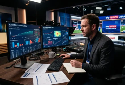 Analyste sportif devant plusieurs écrans affichant des données et graphiques, travaillant sur des pronostics et notant des informations pour choisir un bon pronostiqueur.