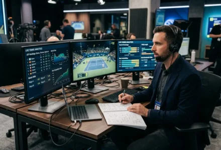 Analyste sportif devant plusieurs écrans affichant des données de tennis en direct, prise de notes sur un carnet. site de pronostics tennis fiable intégré.
