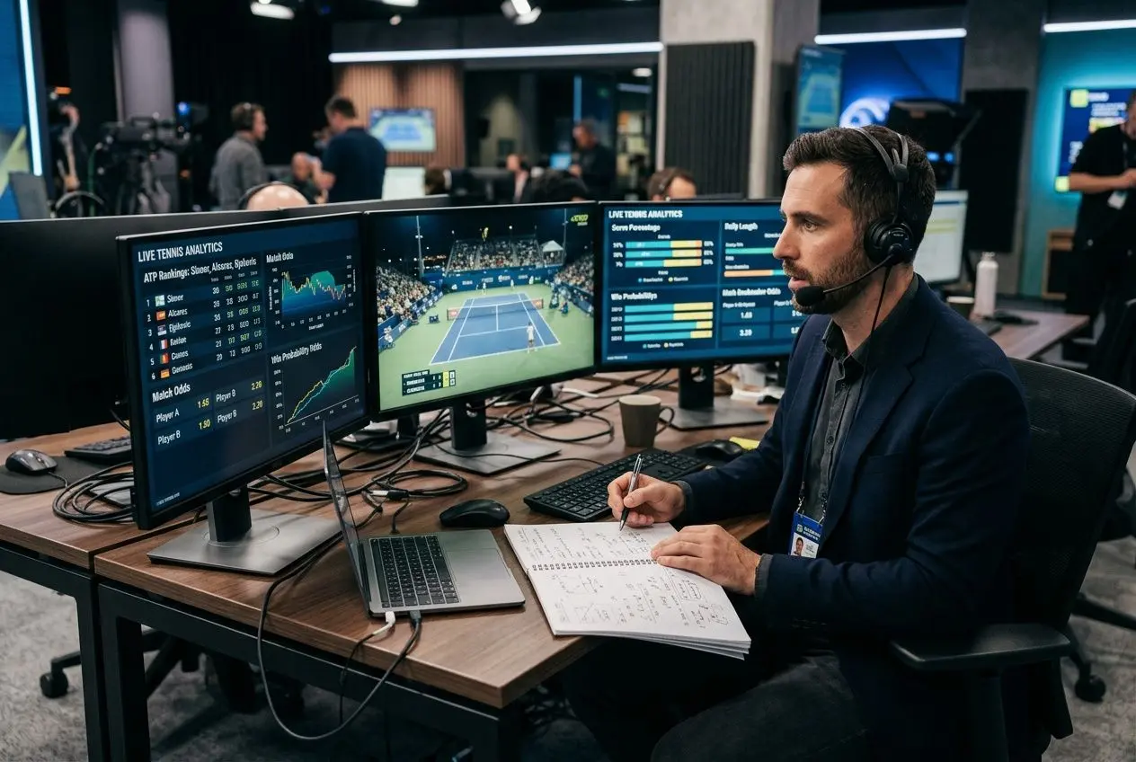 Analyste sportif devant plusieurs écrans affichant des données de tennis en direct, prise de notes sur un carnet. site de pronostics tennis fiable intégré.