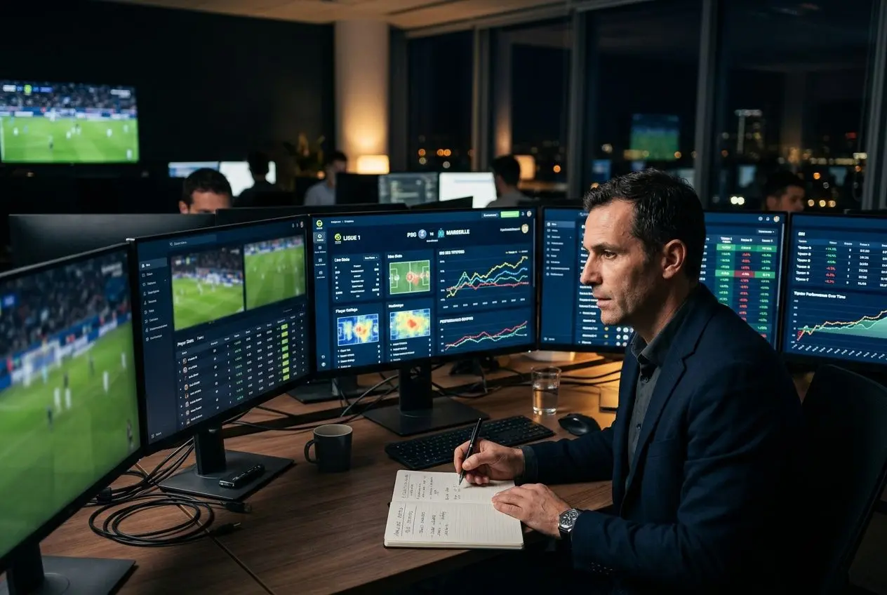 Analyste sportif en salle des marchés pariant sur des écrans affichant des données et des pronostics, meilleure source pour le meilleur pronostiqueur paris sportifs.