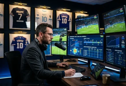 Analyste travaillant sur ordinateur avec plusieurs écrans affichant des statistiques de football et pronostics, dans un bureau décoré de maillots. AI pronostics foot en action.