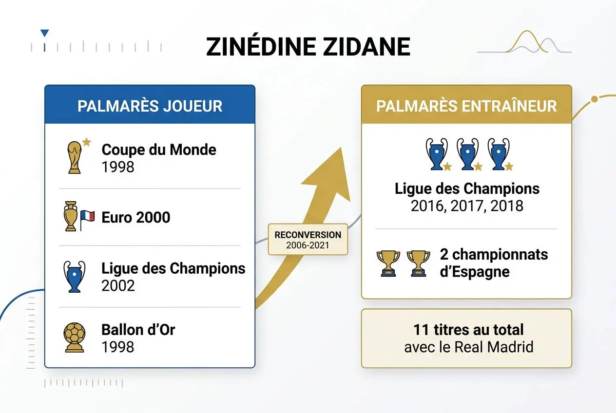 Anniversaire zinedine zidane : infographie récapitulant sa carrière avec palmarès joueur et entraîneur, mettant en avant ses titres et reconversion 2006-2021