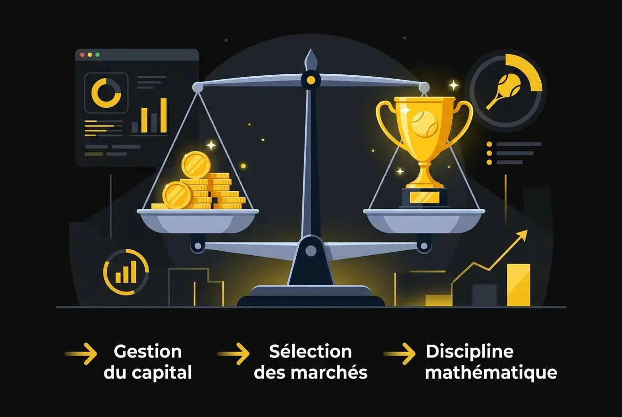 Balance illustrée avec pièces et trophée, symbolisant l’analyse et la réussite : gestion du capital, sélection des marchés et discipline mathématique. site de pronostics tennis fiable