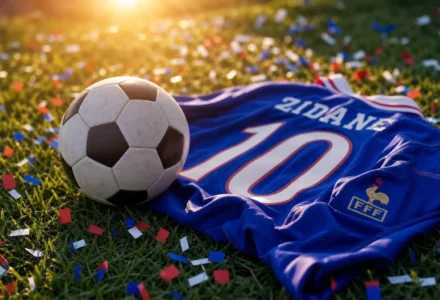Ballon de football et maillot bleu Gazé sur l’herbe, confettis autour, célébration d’un anniversaire zinedine zidane.