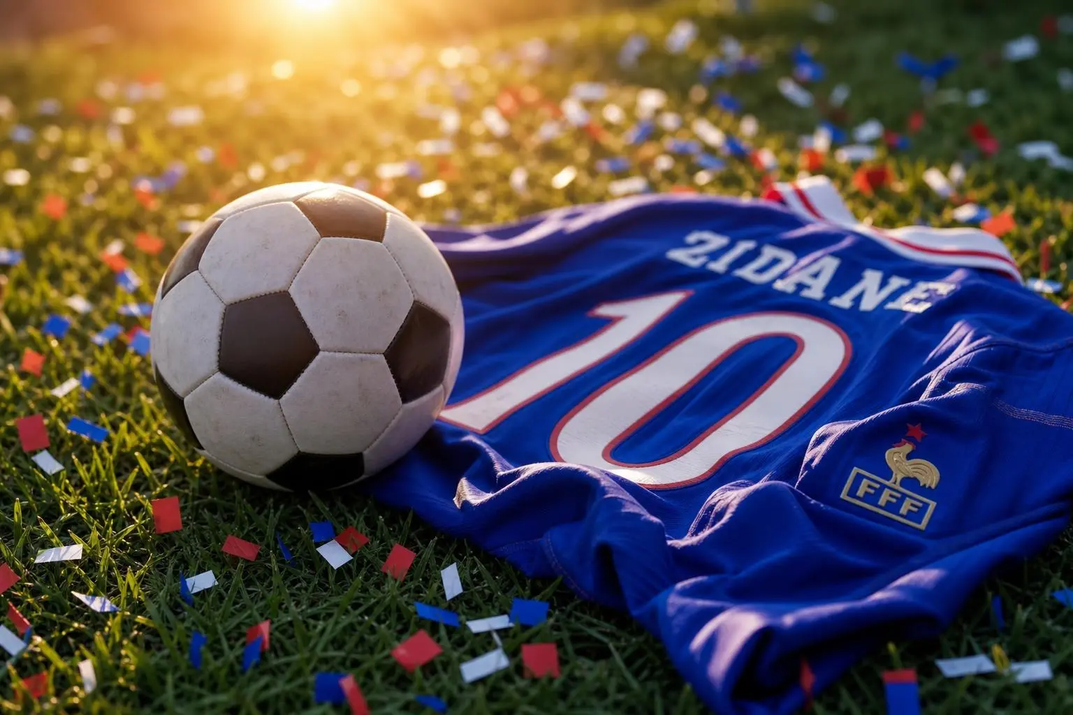 Ballon de football et maillot bleu Gazé sur l’herbe, confettis autour, célébration d’un anniversaire zinedine zidane.