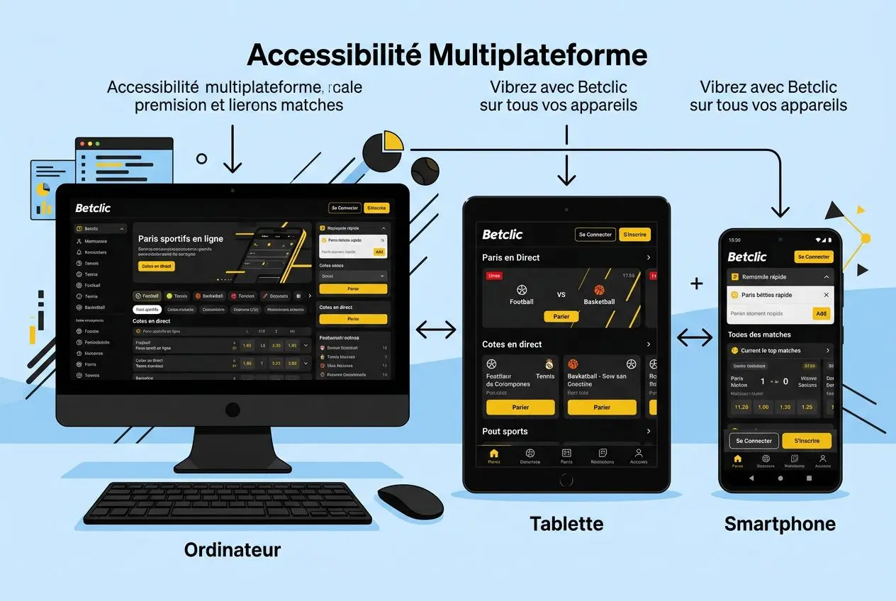 Betclic application mobile: illustration des trois écrans (ordinateur, tablette et smartphone) montrant l’interface Betclic multi-plateforme et la synchronisation entre les appareils.