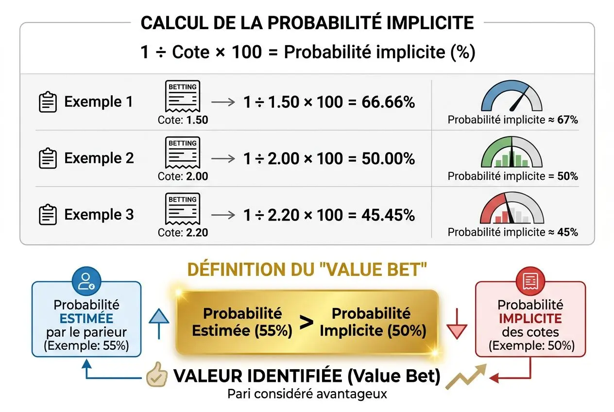 CALCUL DE LA PROBABILITÉ IMPLICITE et exemples: cotes affichées (1× Cote: 1.50; 2.00; 2.20) et probabilités implicites correspondantes, avec barres et textes “Probabilité implicite ≈67%/50%/45%”. Ensuite définition du “Value Bet” et équilibre entre probabilité estimée et implicite.