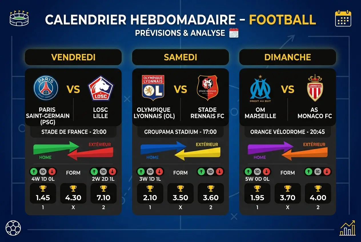 Calendrier hebdomadaire de football : VENDREDI (PSG vs LOSC), SAMEDI (OL vs Stade Rennais) et DIMANCHE (OM vs AS Monaco) avec icônes et cotes. pronostic ligue 1 aujourd'hui intégré.