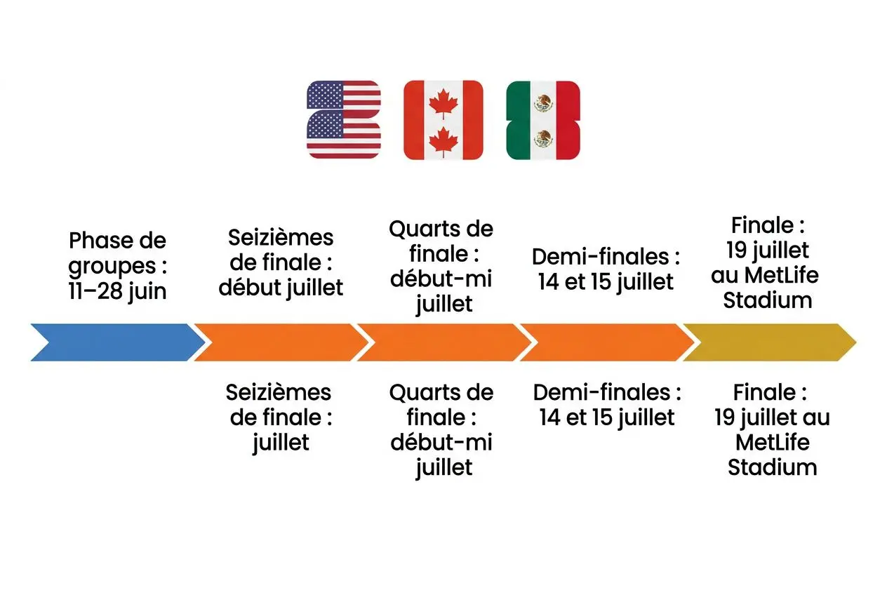 Calque du temps de la coupe du monde 2026 football masculin avec étapes des phases, quarts et demi-finales, puis finale au MetLife Stadium et calendrier du 11 juin au 19 juillet.