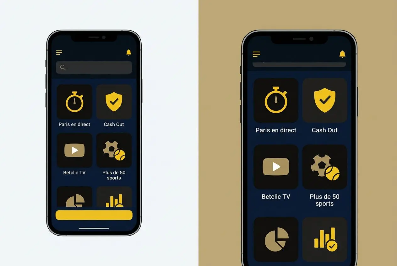 Captures d’écran montrant l’écran d’une app Betclic sur iPhone avec des icônes et menus jaunes sur fond sombre, démontrant l’installation ou l’accès aux sections Paris en direct et Betclic TV.