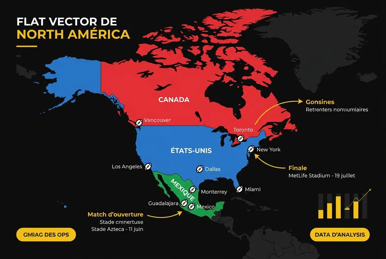 Carte des États-Unis et du Mexique montrant les régions et villes pour la coupe du monde 2026 format nouveau, avec parcours et finale.