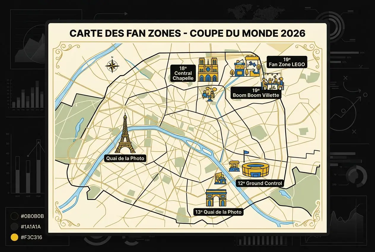 Carte des fan zones - Coupe du Monde 2026 à Paris : zones avec lieux phares et intitulés (Quai de la Photo, 12e Ground Control, 13e Quai de la Photo, 18e Central Chapelle, 19e Fan Zone LEGO, 19e Boom Boom Villette). Fan zone paris coupe du monde 2026 intégrée.